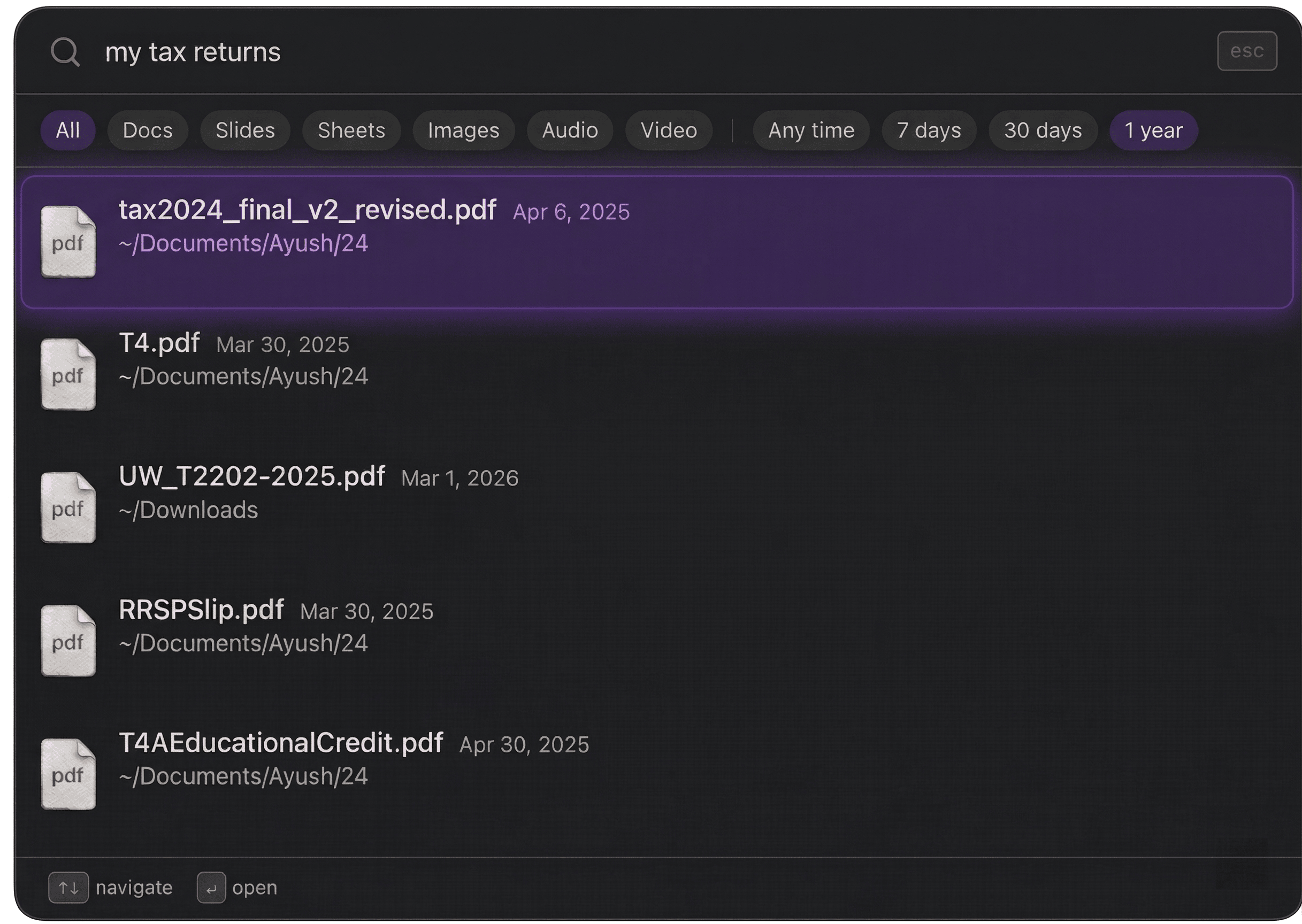 Stella search interface showing results for 'my tax returns'